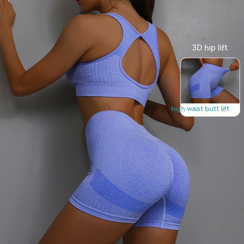 2Pcs Sports Fitness Yoga Suit Breathable Hip-Lifting Shorts and Hollow Out Back Bra Womens Clothing
