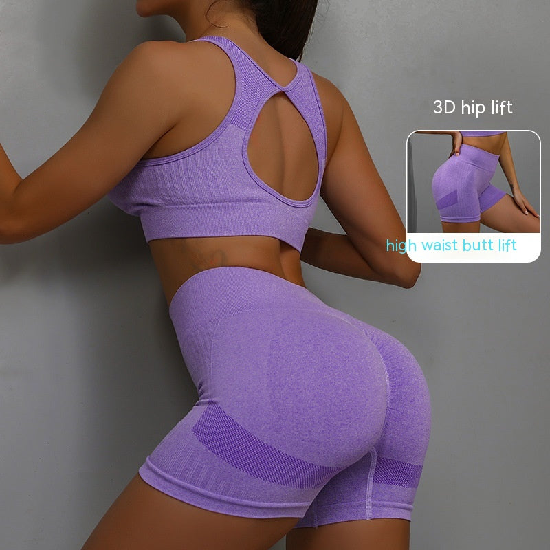 2Pcs Sports Fitness Yoga Suit Breathable Hip-Lifting Shorts and Hollow Out Back Bra Womens Clothing