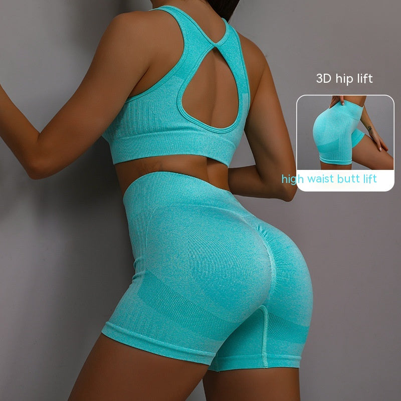 2Pcs Sports Fitness Yoga Suit Breathable Hip-Lifting Shorts and Hollow Out Back Bra Womens Clothing