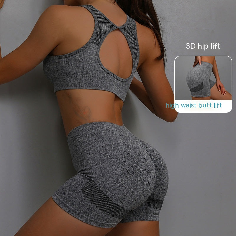 2Pcs Sports Fitness Yoga Suit Breathable Hip-Lifting Shorts and Hollow Out Back Bra Womens Clothing