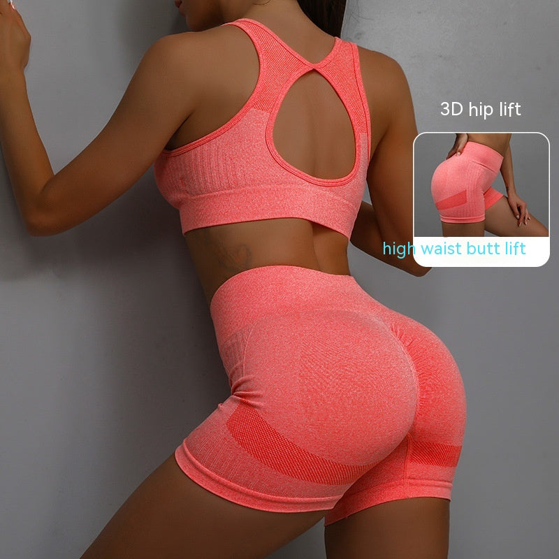 2Pcs Sports Fitness Yoga Suit Breathable Hip-Lifting Shorts and Hollow Out Back Bra Womens Clothing