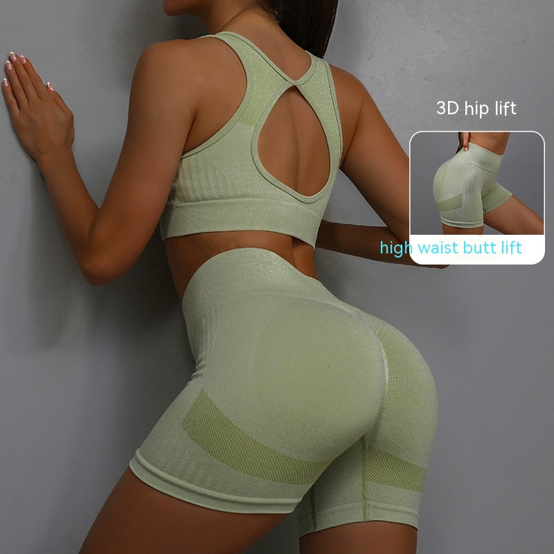 2Pcs Sports Fitness Yoga Suit Breathable Hip-Lifting Shorts and Hollow Out Back Bra Womens Clothing