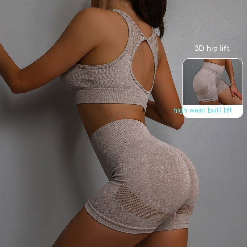 2Pcs Sports Fitness Yoga Suit Breathable Hip-Lifting Shorts and Hollow Out Back Bra Womens Clothing